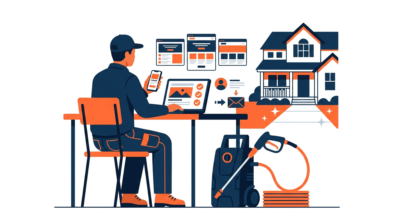 Pressure washing contractor comparing five website provider options on a laptop and phone