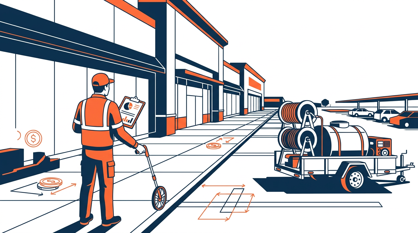 Commercial pressure washing contractor estimating a large storefront sidewalk and parking area