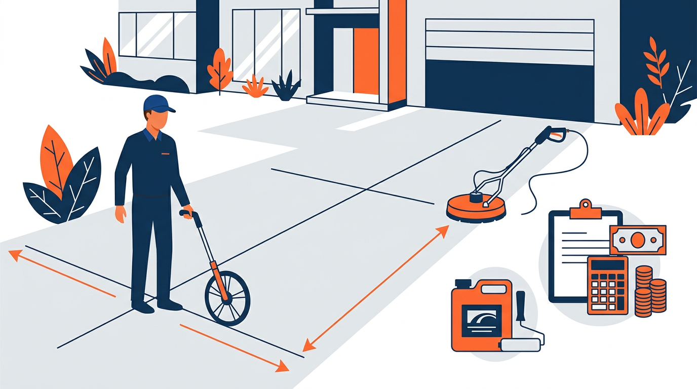 Illustration of a contractor measuring a concrete driveway beside pricing tools and sealing equipment