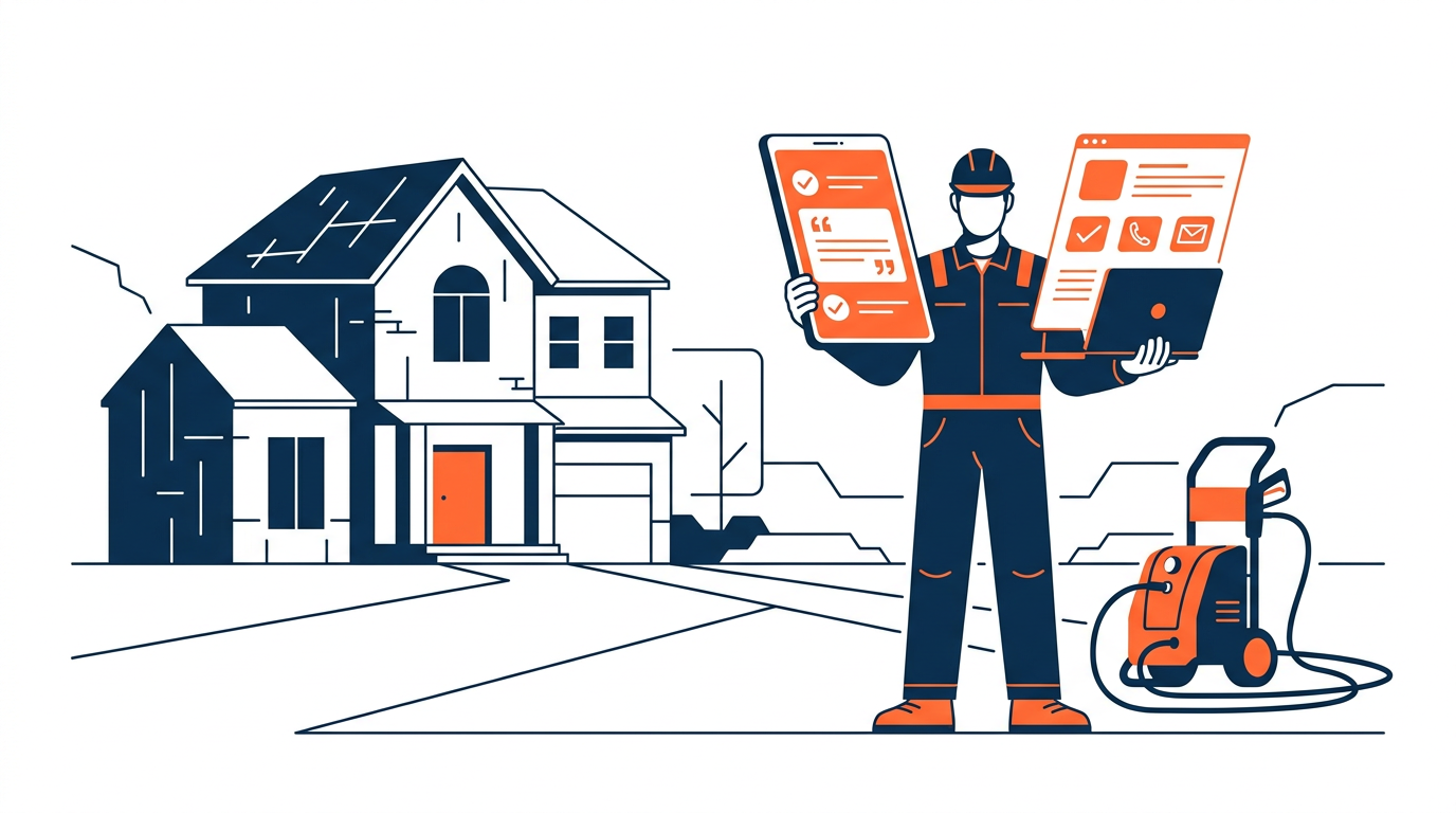 Illustrated pressure washing contractor reviewing a mobile-friendly service website beside a house and clean driveway