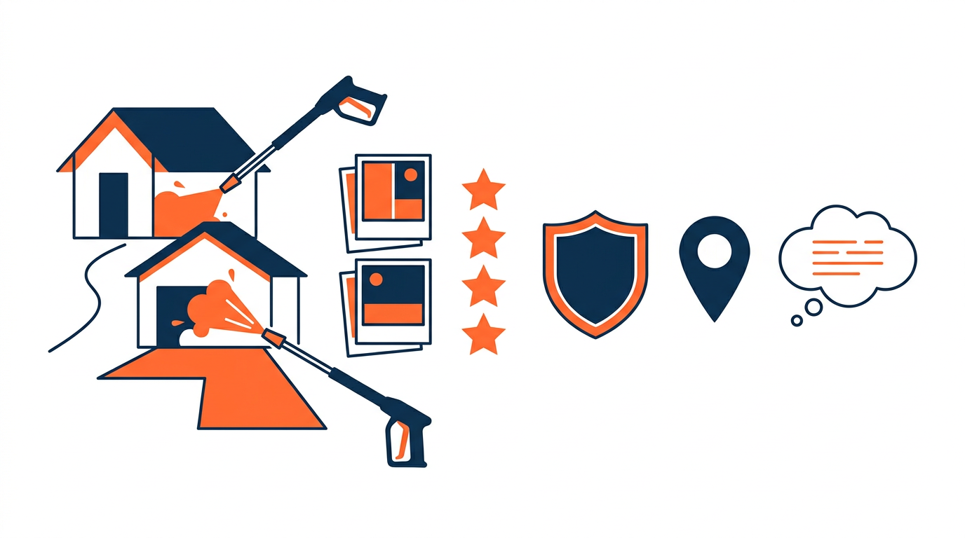 Illustration of job photos, reviews, insurance, service area, and quote form trust elements