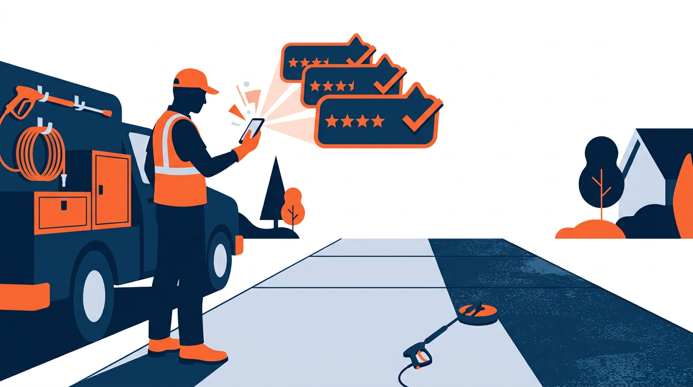 Pressure washing contractor comparing customer review cards beside a clean driveway and mobile phone