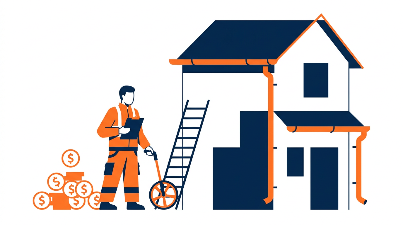 Illustrated contractor estimating gutter cleaning and brightening beside a two-story house
