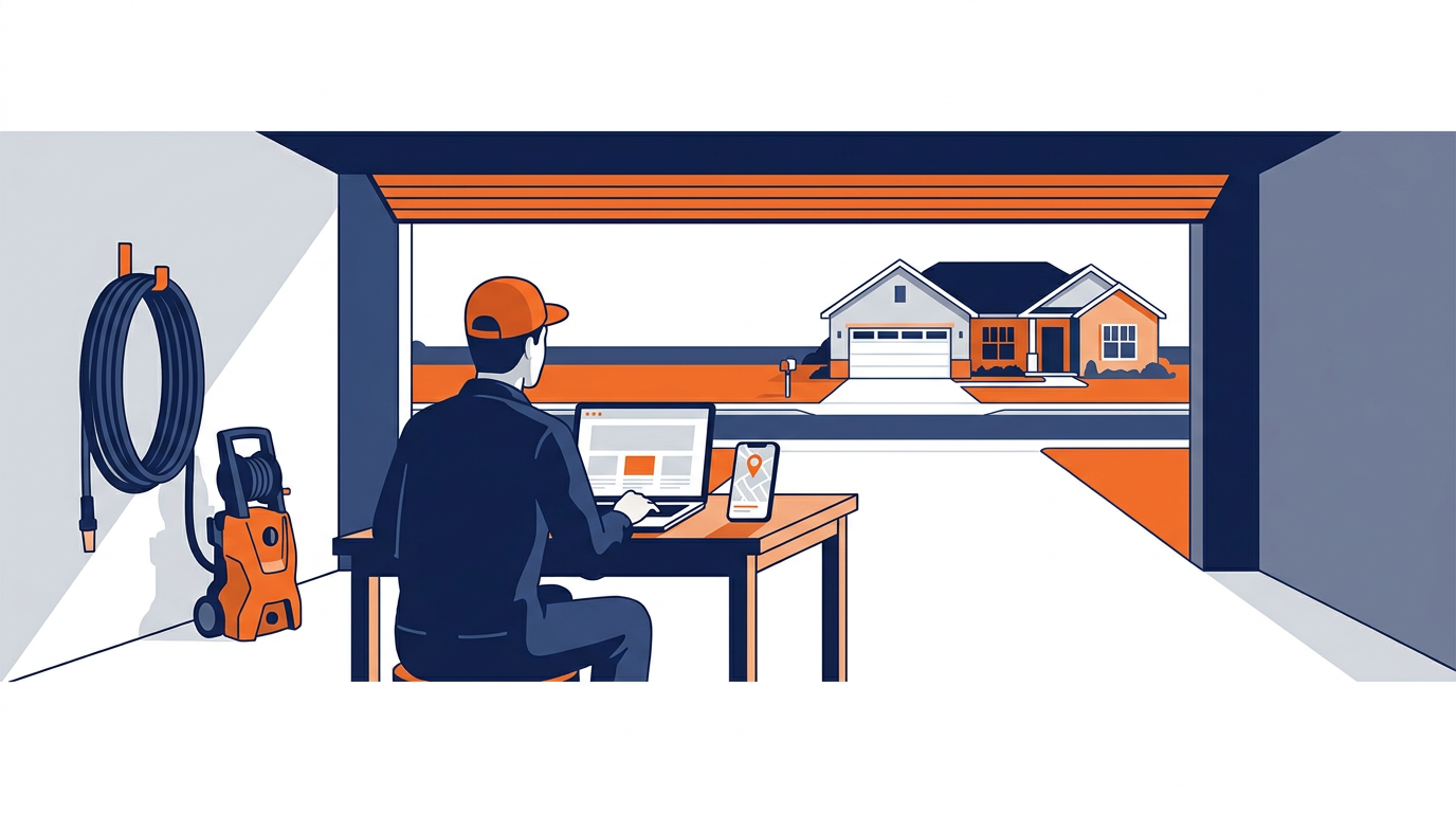 Pressure washing contractor comparing a business website on a laptop with a local map listing on a phone