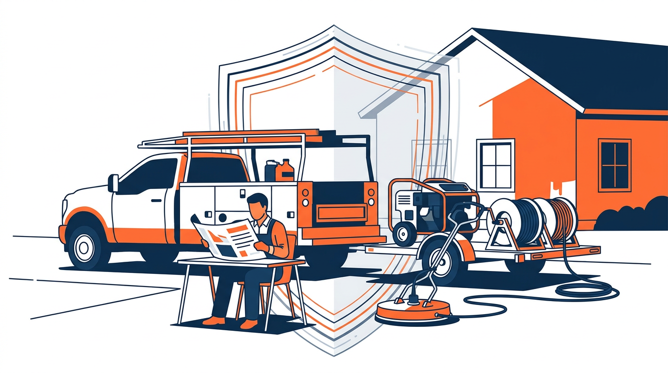 Illustration of a pressure washing contractor reviewing insurance coverage beside a work truck and washing equipment