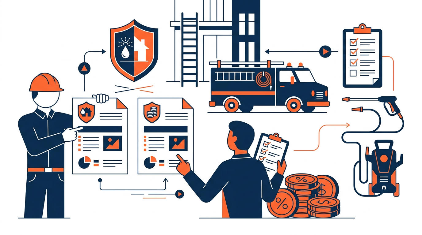 Illustration of a pressure washing operator comparing insurance costs, limits, and business risks