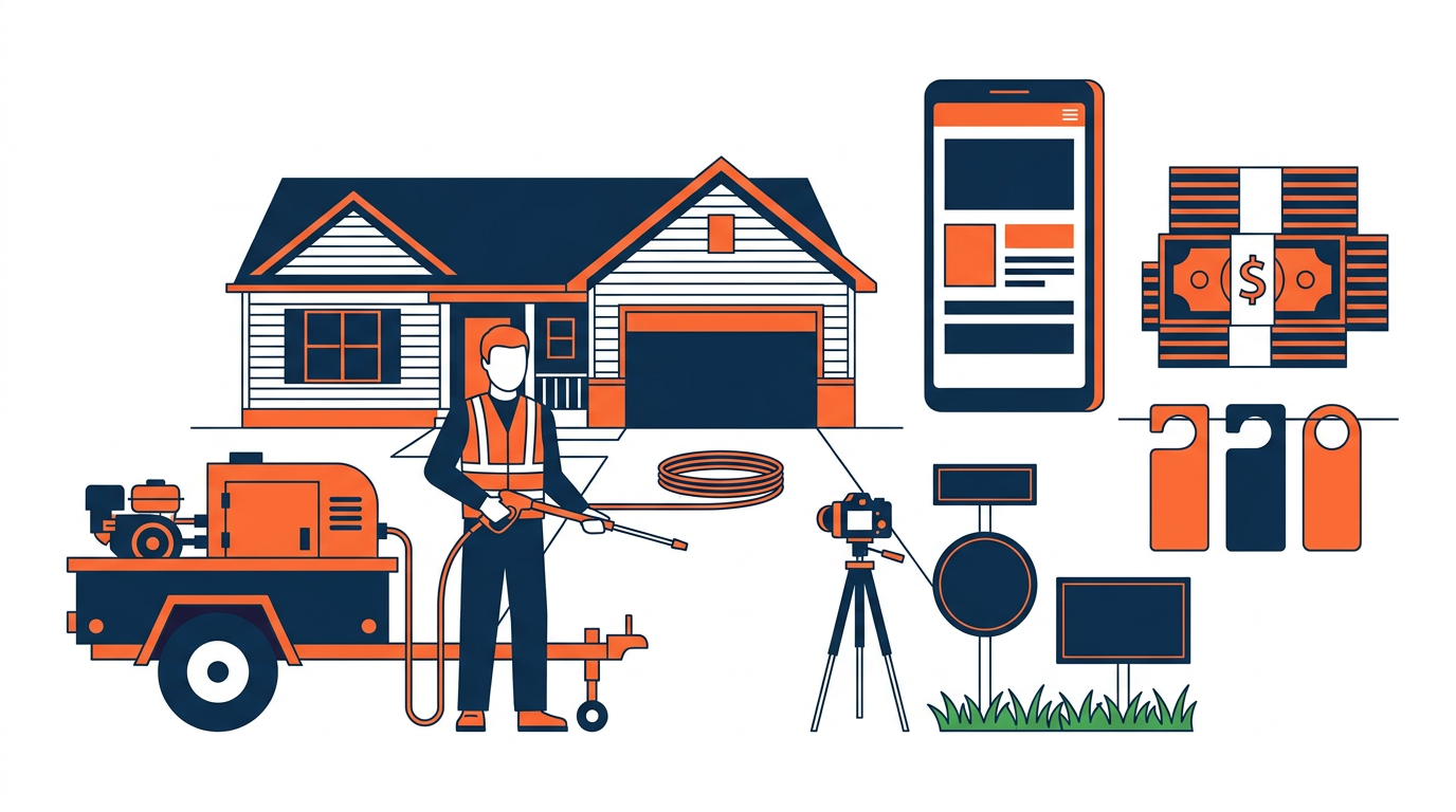 Pressure washing contractor planning a five hundred dollar local marketing budget beside a house and cleaning rig
