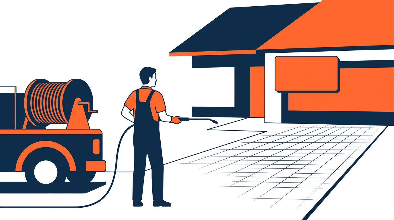 Contractor comparing measured square footage with a flat project price beside a pressure washing rig