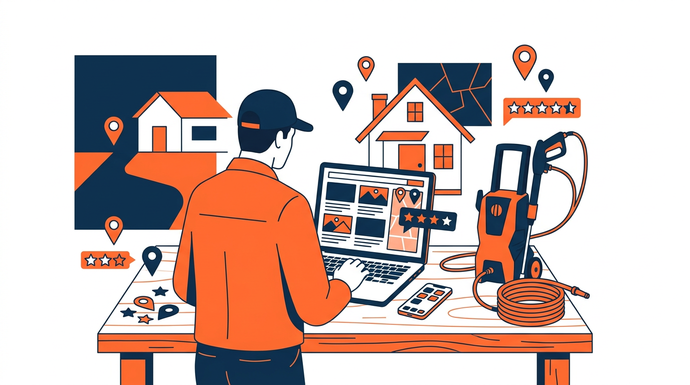 Pressure washing contractor planning local SEO with a house, phone, map pin, and search results