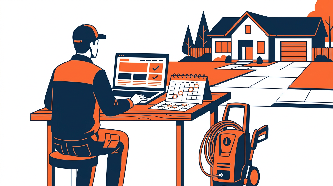 Pressure washing contractor planning a website build timeline beside service photos and a laptop