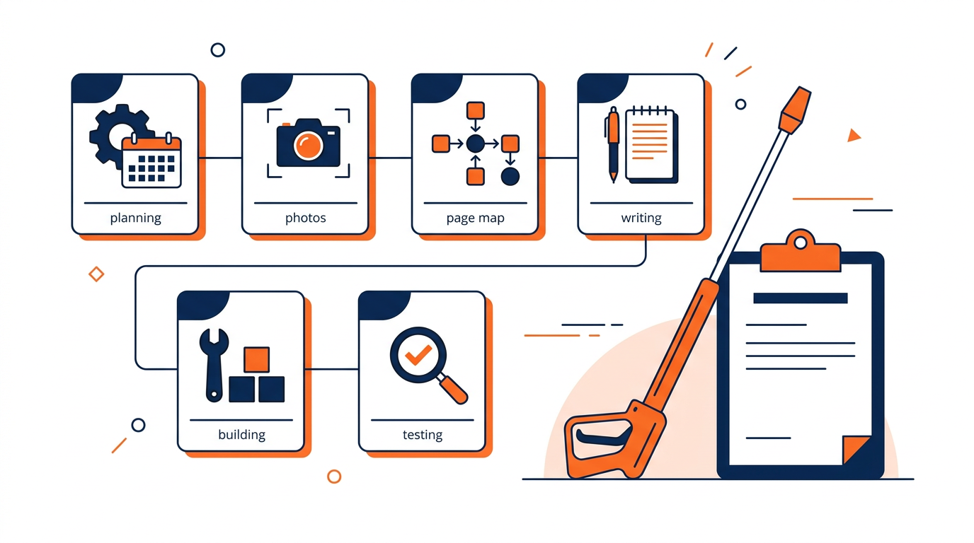 Six-stage workflow for building and testing a pressure washing website