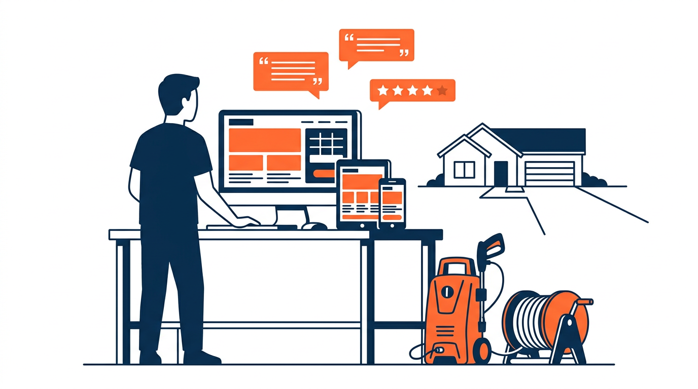 Illustrated contractor comparing pressure washing website layouts on desktop and mobile screens