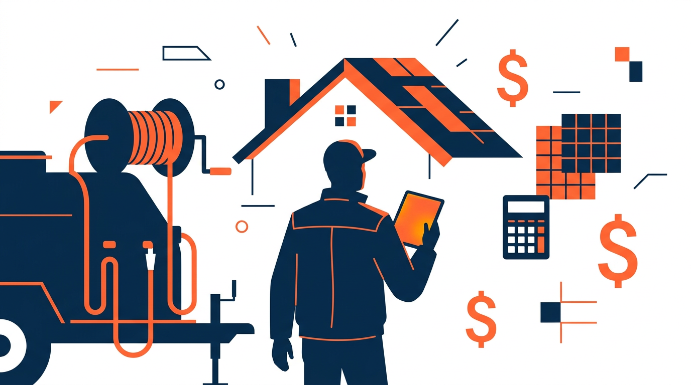 Roof soft washing contractor estimating roof area and cleaning price beside a house