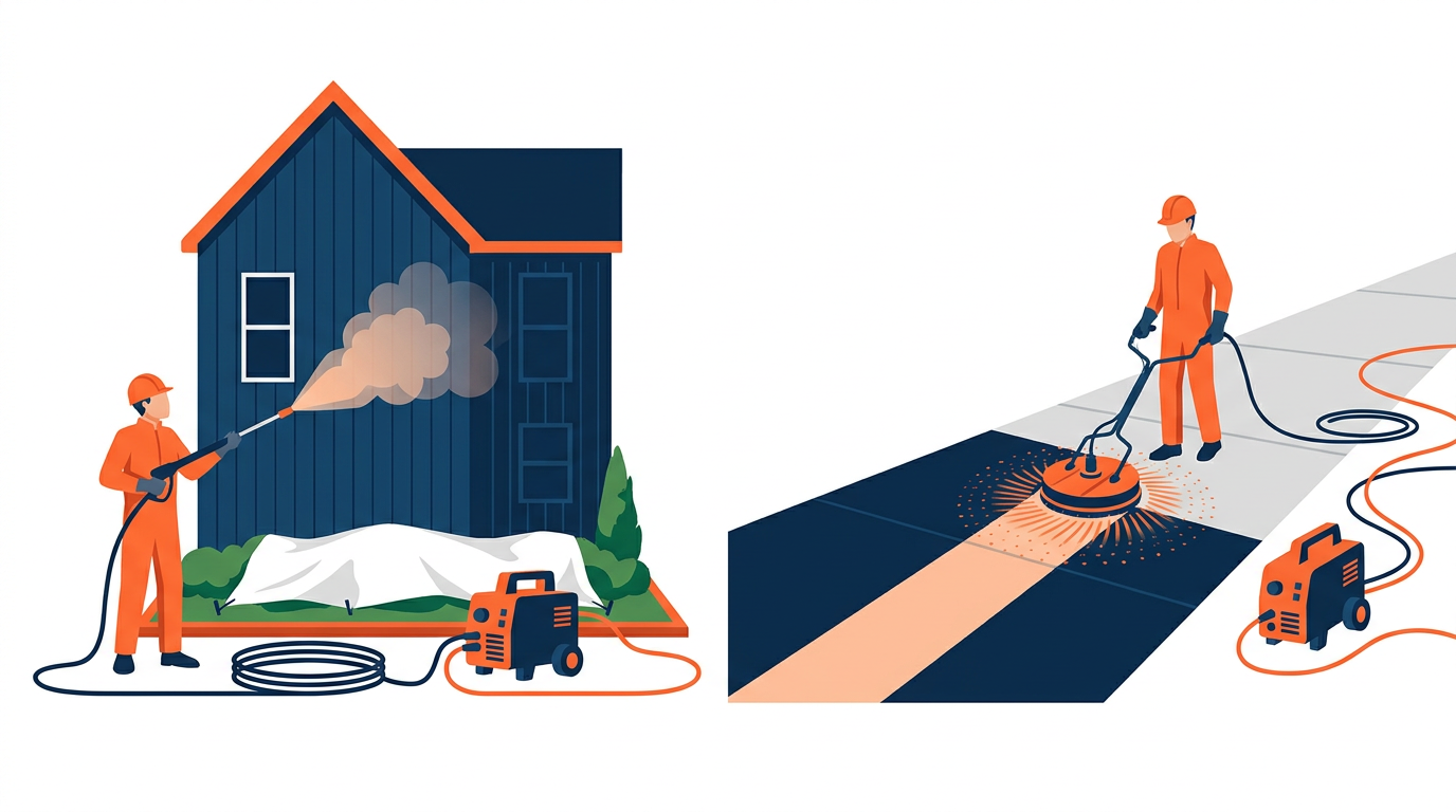 Split illustration of a contractor soft washing house siding and pressure washing a concrete driveway