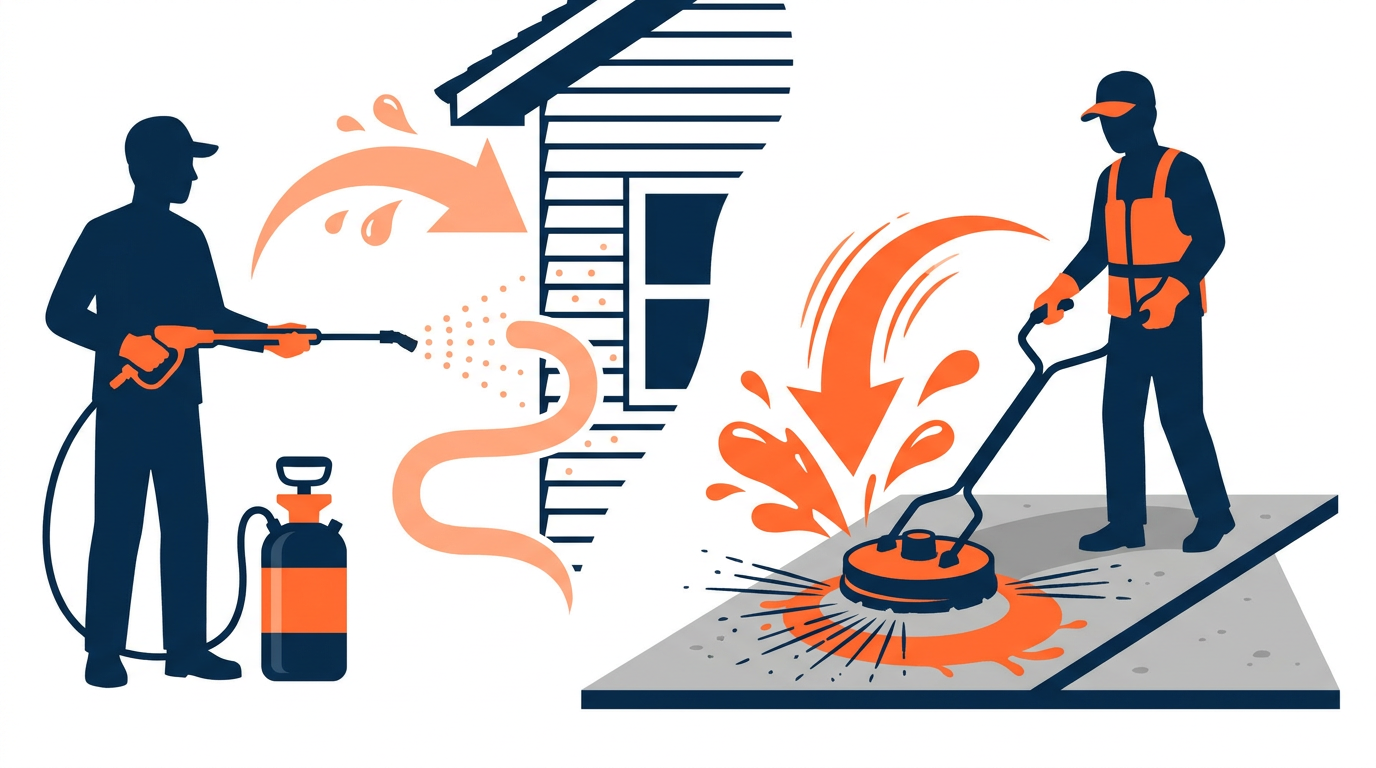 Soft-wash application equipment beside a pressure-washing surface cleaner