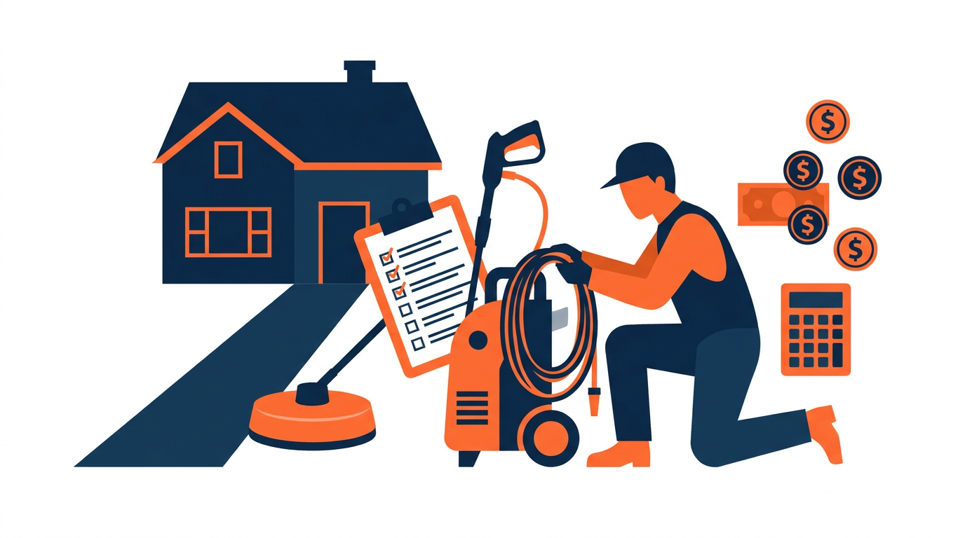 Pressure washing contractor planning a new business with equipment, house, driveway, checklist, and pricing symbols