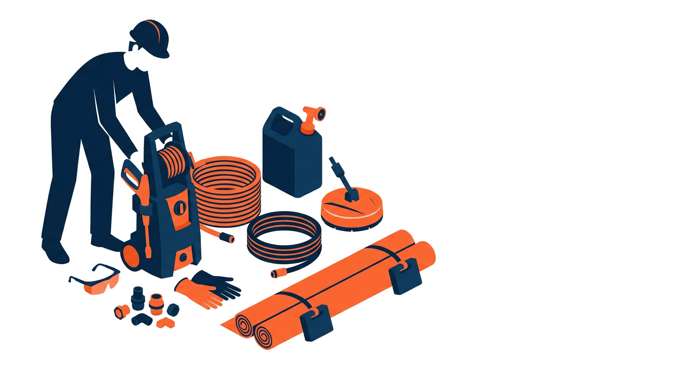 Simple pressure washing equipment setup arranged for house and concrete cleaning